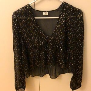 Black V-Neck Long Sleeve Top with Gold Pattern
